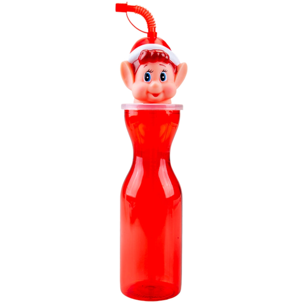 Clear Red Plastic Bottle With Elf Head & Flexistraw