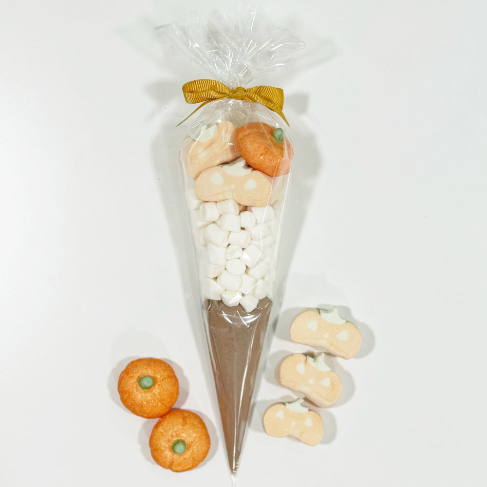 Pre Filled Halloween Hot Chocolate Cone - 3 Face Pumpkin, 1 Orange Pumpkin Marshmallows