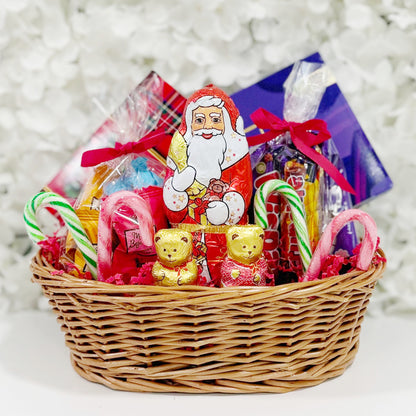 Christmas Chocolate Hamper Gift Basket with Lindt Santa and Red Ribbon