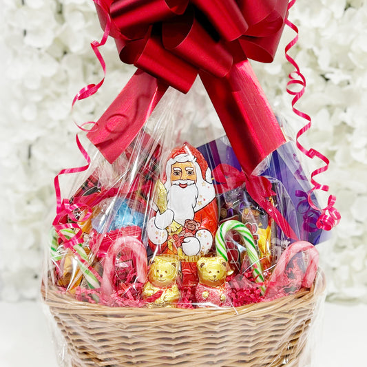 Christmas Chocolate Hamper Gift Basket with Lindt Santa and Red Ribbon