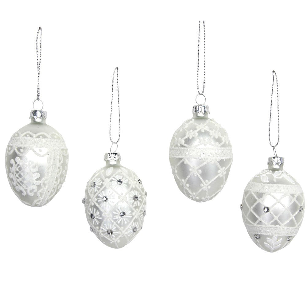 Matt Silver & White Glass Eggs - Set of 4