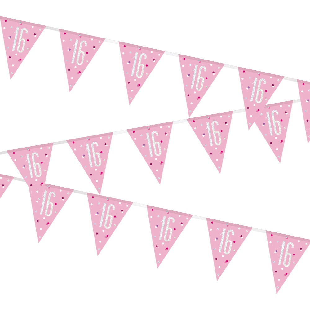 Glitz Pink & Silver 16th Birthday Flag Bunting