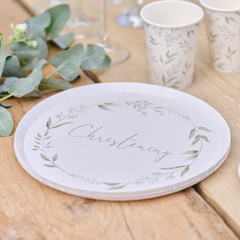 White and Green Christening Paper Plates