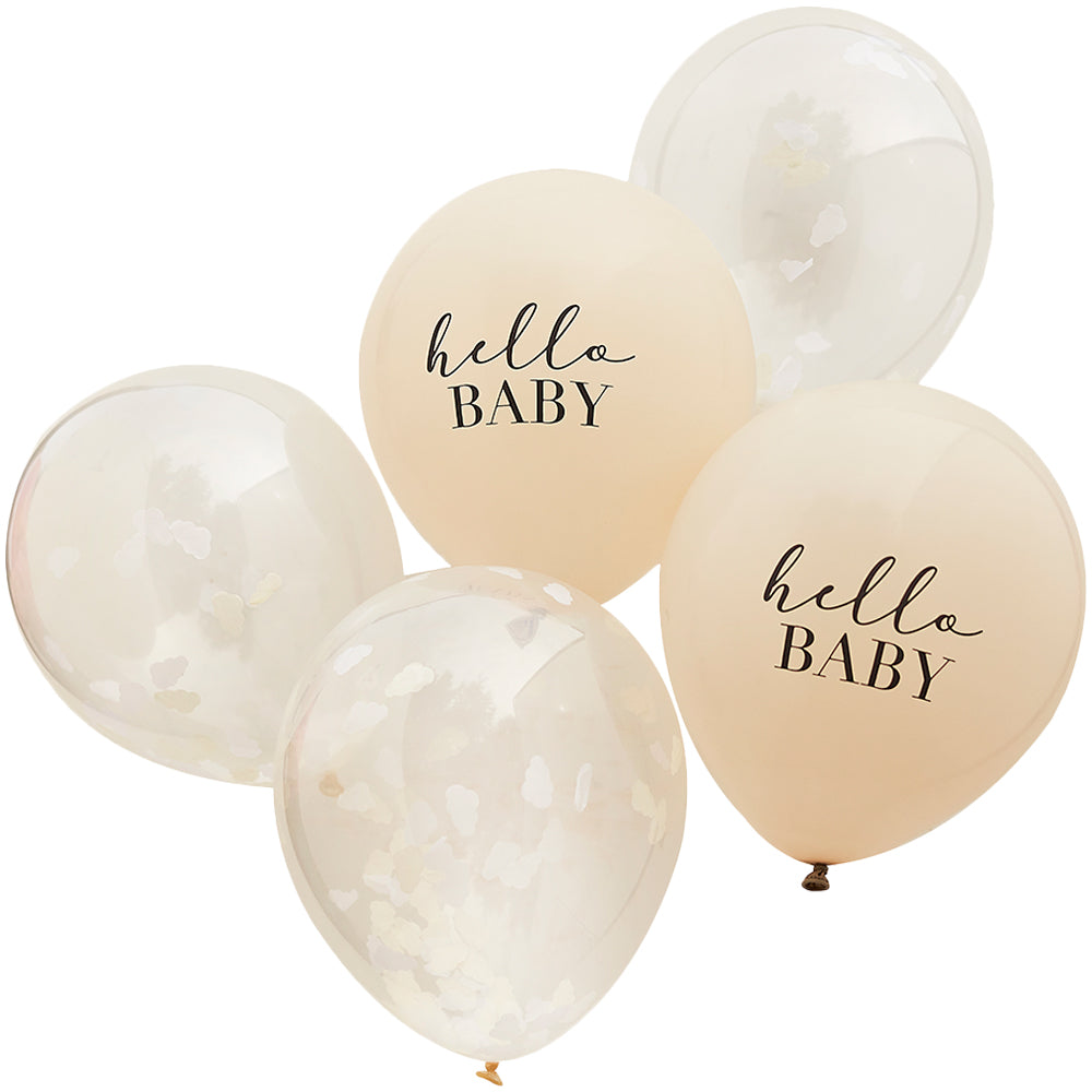 Hello Baby Taupe and Cloud Confetti Baby Shower Balloons