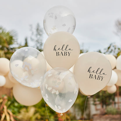 Hello Baby Taupe and Cloud Confetti Baby Shower Balloons